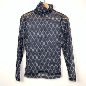 Dries Van Noten Top Women Mesh High Neck Long Sleeves Sz Medium Blue Geometric